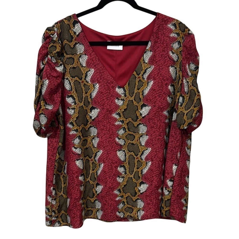 Adrienne Red Snake Print Ruffled Puff Sleeve Blouse V Neck